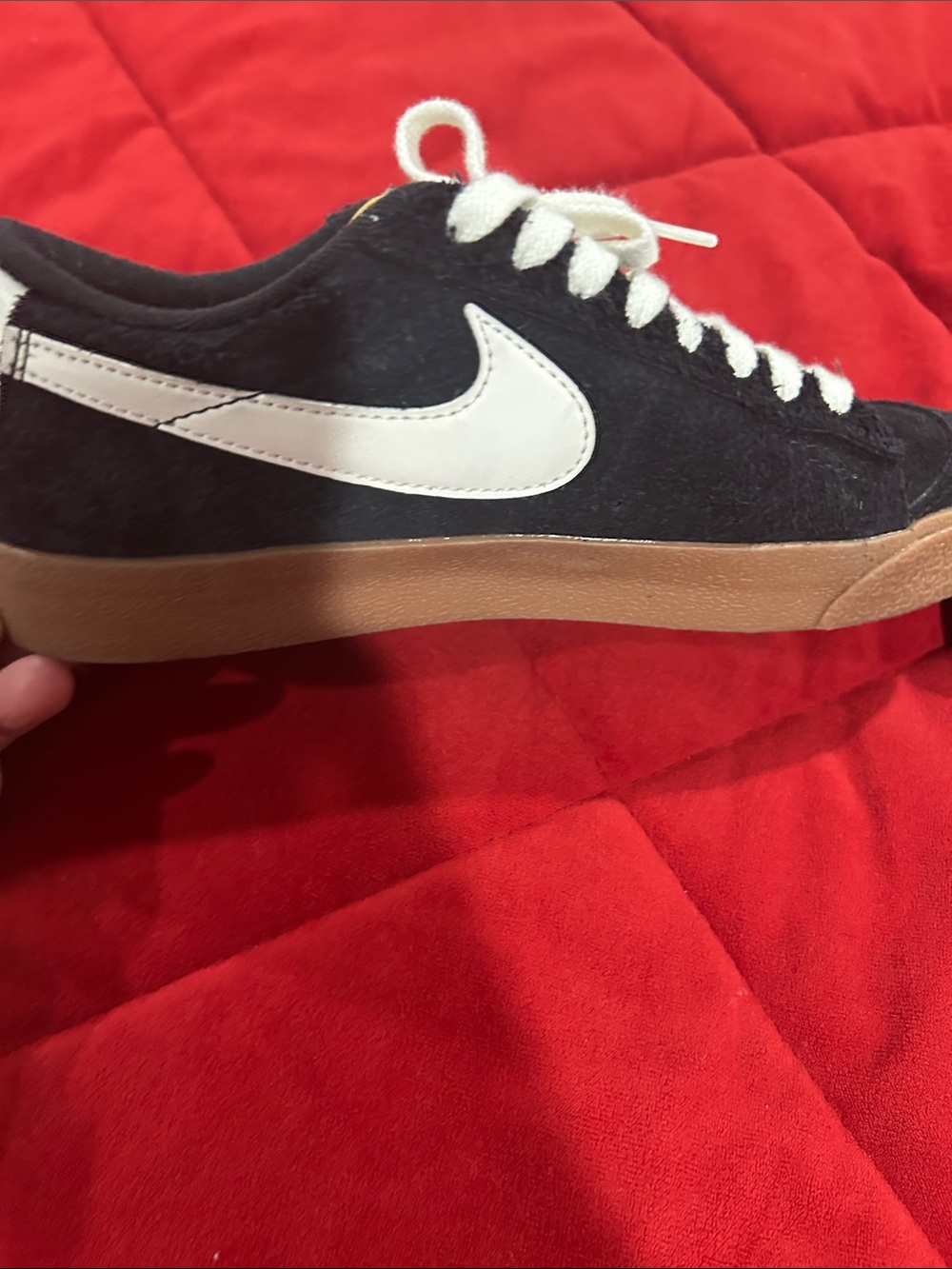 Nike Black Suede Low-Top Sneakers with White Swoosh and Gum Sole - Picture 7 of 8